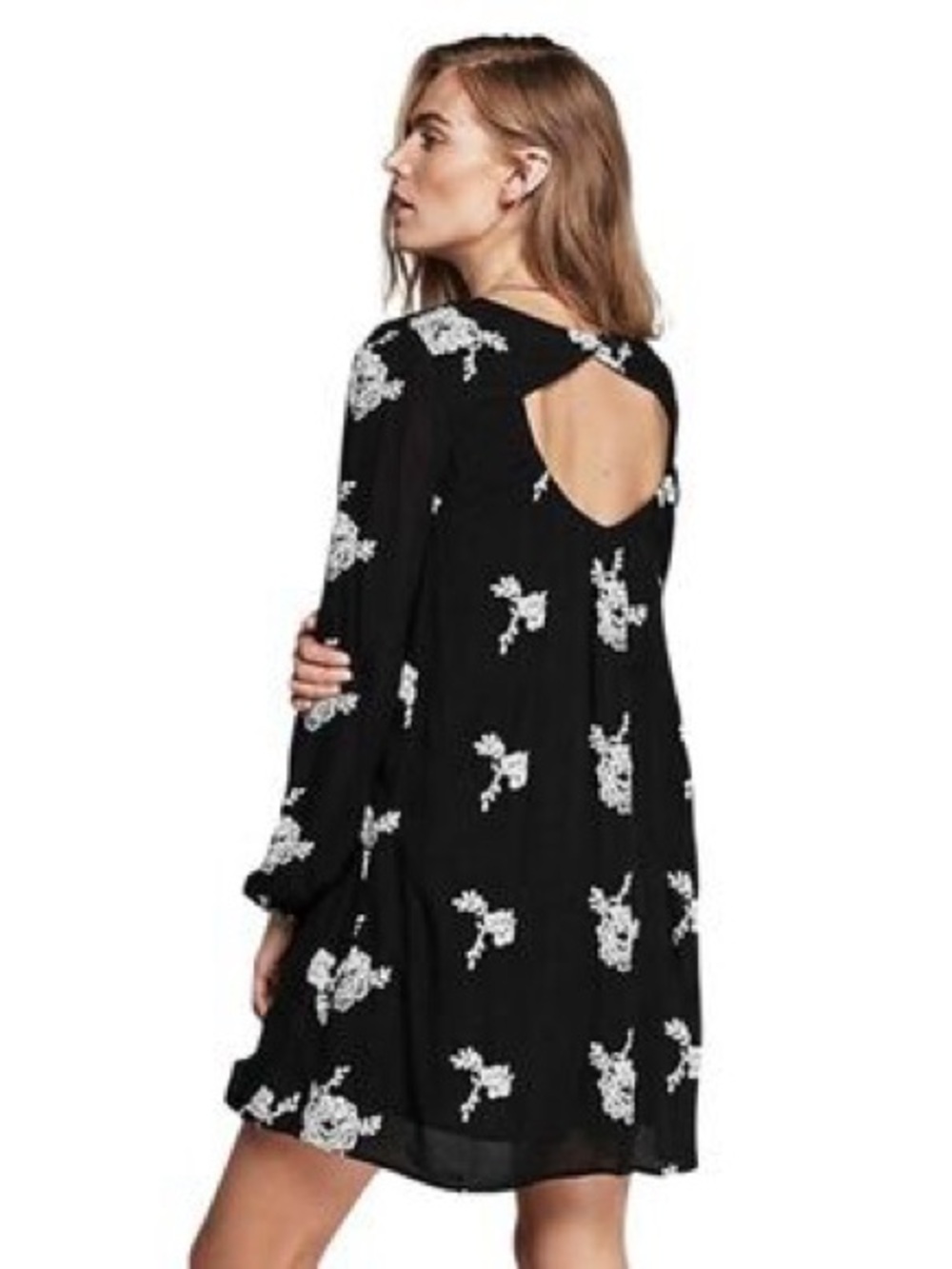 Free People Emma Austin Mini Dress Size L Floral Embroidered Black & White